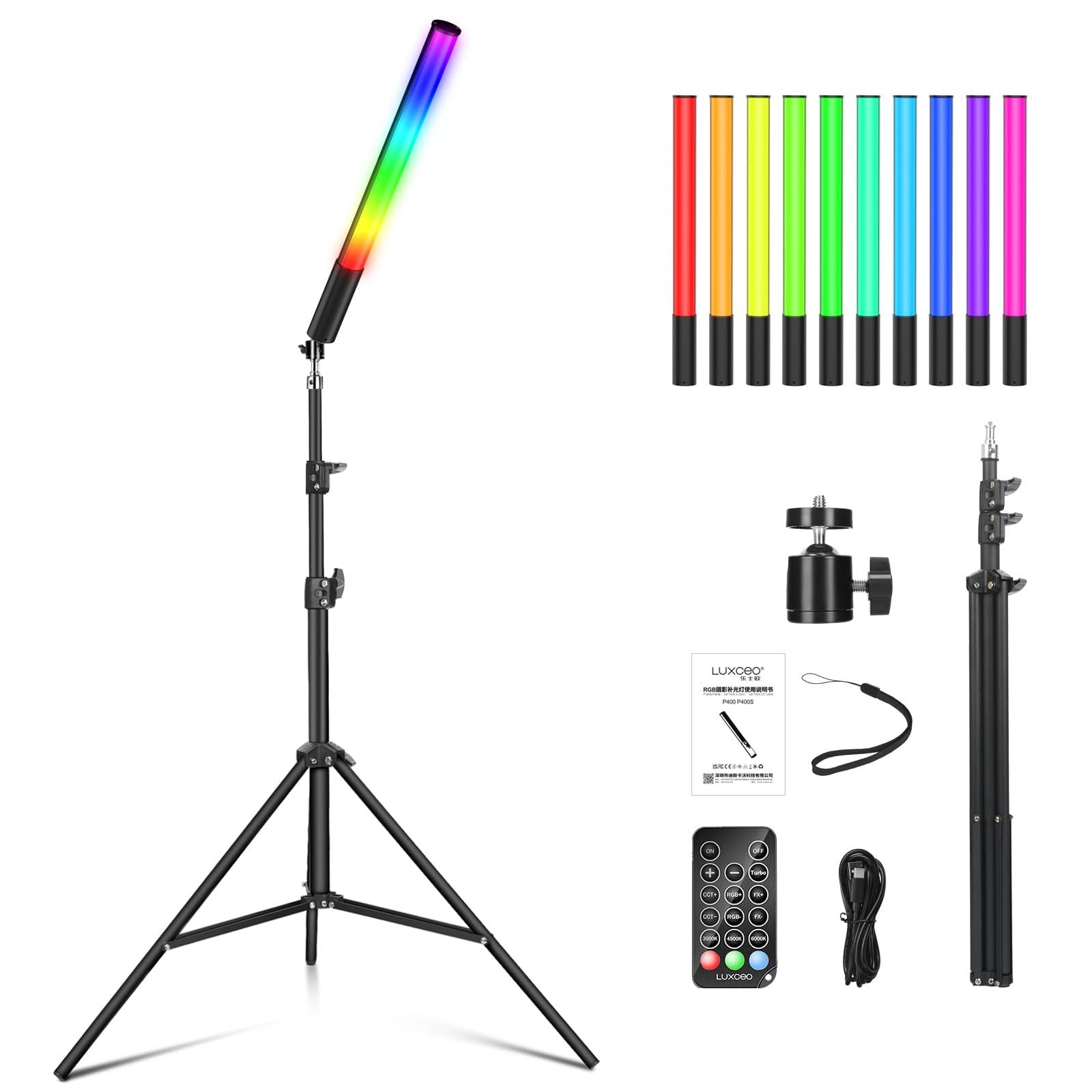 1 lampada video LED RGB per fotografia, luce a colori 2500 K-6500 K CRI95+, luminosità regolabile da 0 a 100%, con display LCD, treppiede da 0,75 m a 2,08 m e telecomando