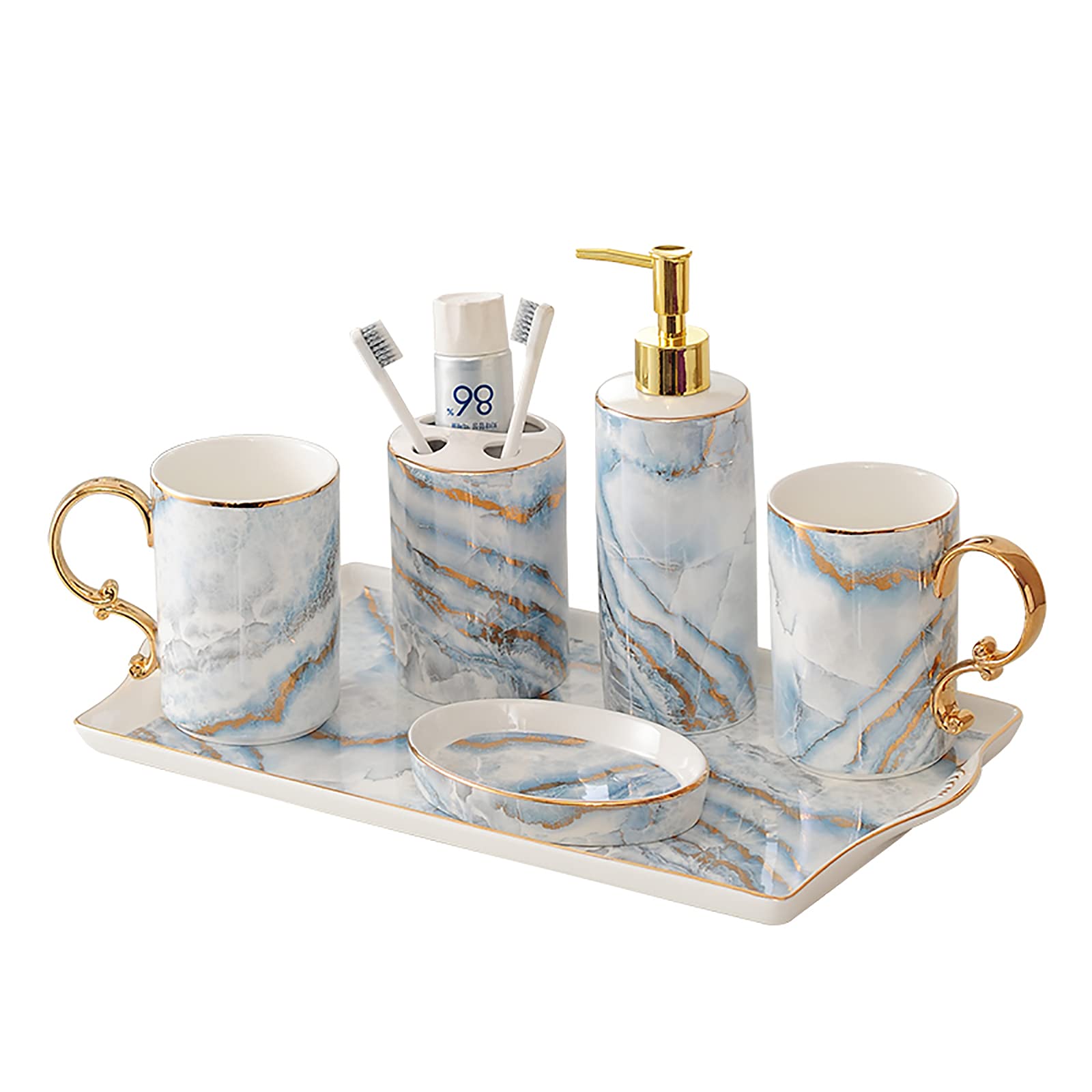 WXDL Bathroom Accessories Set Ceramics 6-Piece Bathroom Accessory Sets, Blue Marbling Bath Set with Tray Soap Dispenser Toothbrush Holder Tumbler Soap Dish, for Family Hotels