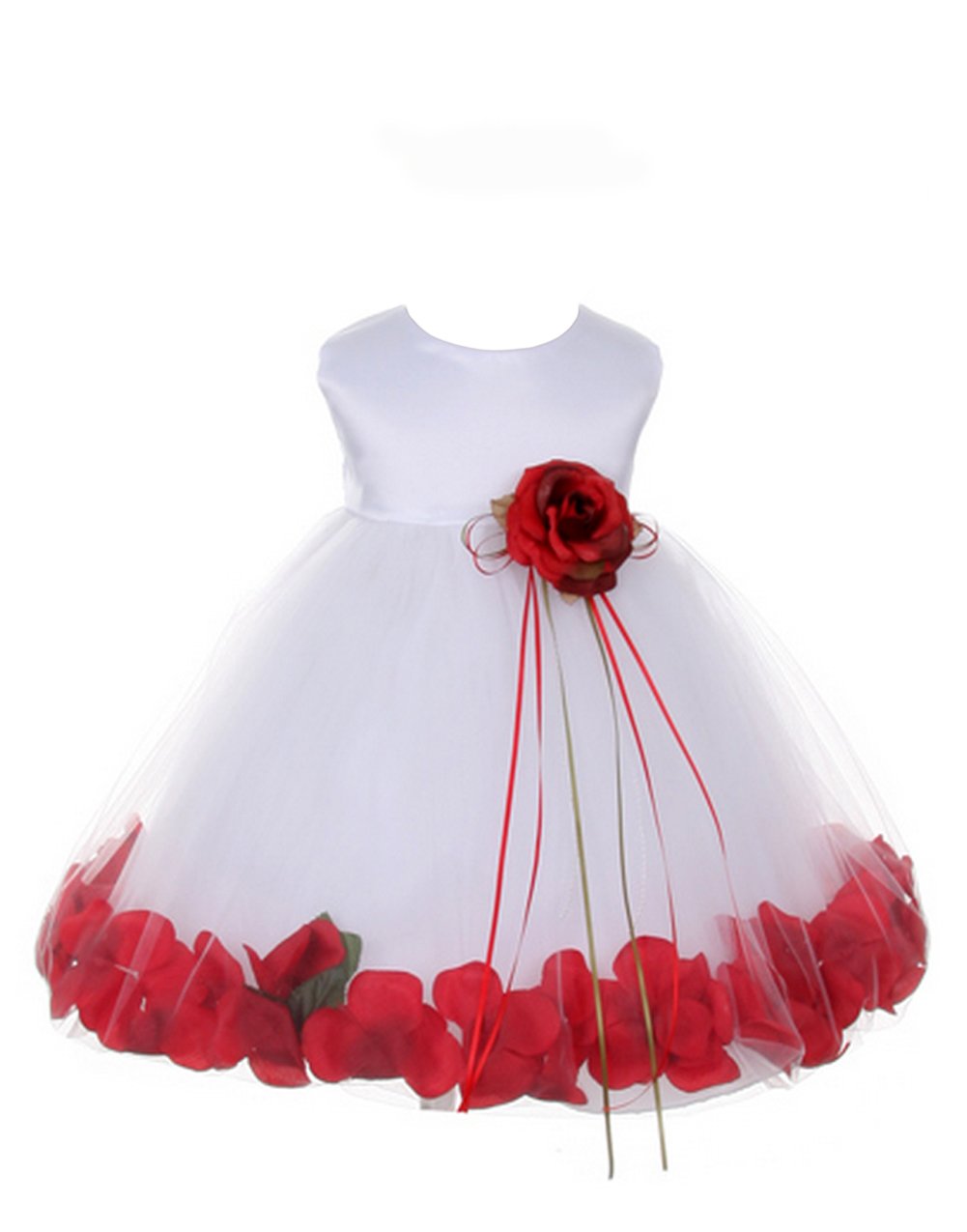 Petals White Satin Satin Tulle Wedding Flower Girl Dress, Made in USA (XL/18-24 months, Red)