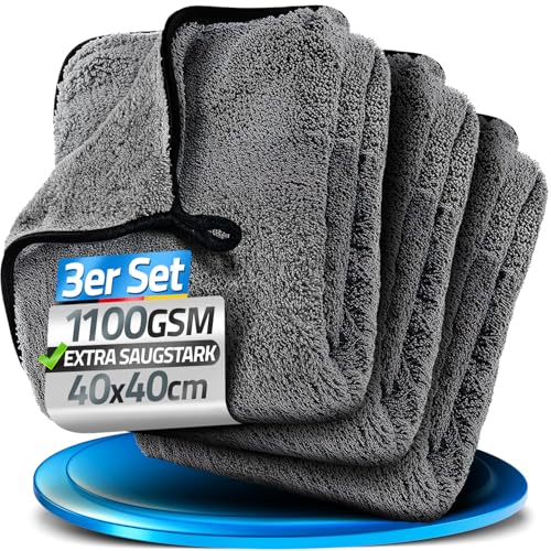 LOCO BIRD Lot de 3 Chiffons Microfibre Voiture 1100 g/m², Serviette Séchage Ultra Absorbante, Lavage Voiture sans Rayures, 40 x 40 cm