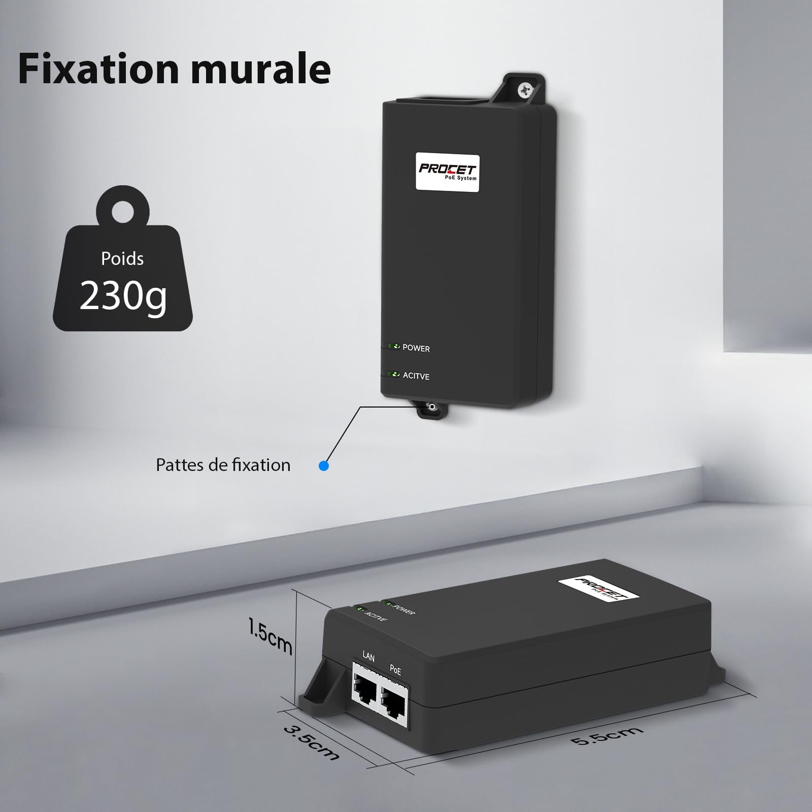 PROCET 5 Gigabit PoE Injecteur 55 V 30 W, Norme IEEE 802.3AT, Alimentation PoE+ pour eero PoE 6/7, UniFi U7 Pro, U6 Enterprise, Point d'accès sans Fil Cisco, G5/ G6 Pro AI urret caméra IP