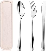 HANSGO Portable Travel Cutlery Set with Case - 4PCS Stainless Steel Utensils, Built-in Card Slot, Dishwasher Safe for Camping School Work (Beige)