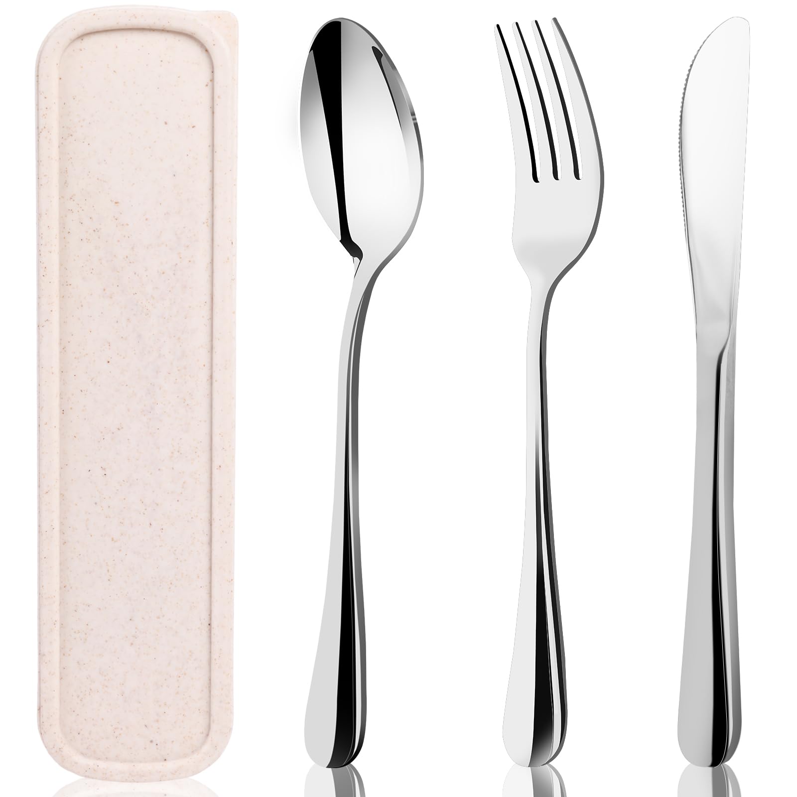 HANSGO Juego de 3 utensilios portátiles con funda, juego de cubiertos de viaje de acero inoxidable reutilizables para almuerzo, camping, escuela, picnic, oficina, apto para lavavajillas, color beige