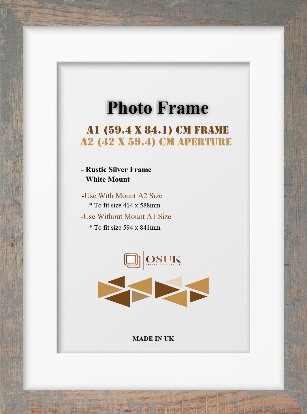 Frame Eazy Rustic Silver Osuk A1 Frame With A2 Mount - Modern Photo Frame With White Mount - Clear Perspex Front & Wall Mounting Poster Frame - A1 Picture Frame With A2 White Mount