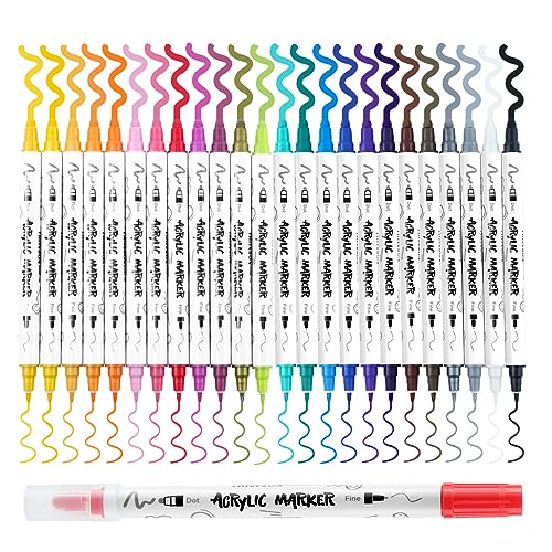 Image of TRANSON 24 Color Bold and Fine Dual-tip Acrylic Paint Pen Set for Canvas Rock Wood Leather Ceramic DIY Painting