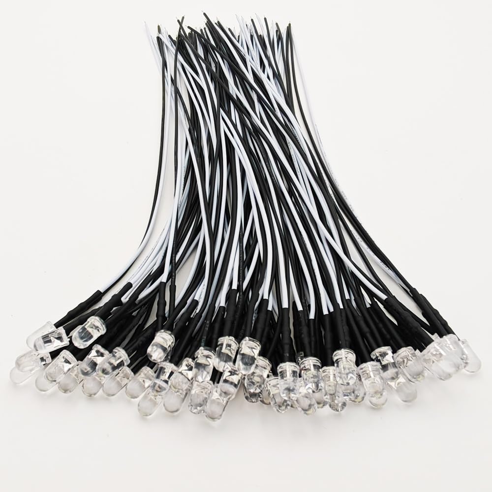 Gebildet 50pcs 3V-4.5V-5V-6V-7.5V-9V-12VDC 5mm White LED Lights Emitting Diodes, Prewired 7.9 Inch V LED Light