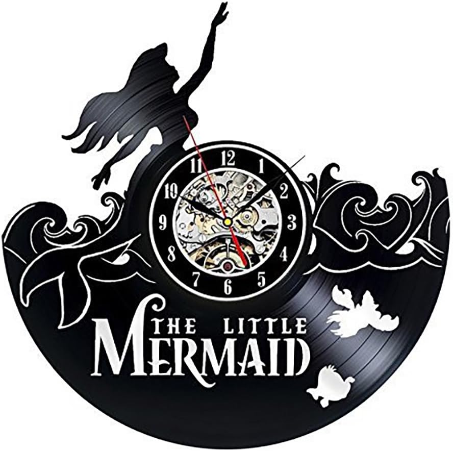 Cartoon Vinyl Record Wall Clock - 12 Inch Silent Comics Quartz Wall Clock - Movie Characters Non-Ticking Digital Clocks for Kids, Home Decoration (Mermaid)