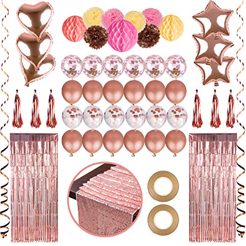 Farelot Rose Gold Party Decorations  70 Pc Set with Confetti Balloons, Table Runner, Foil Curtains, Tassel Garland, Pom Poms and More for Weddings, Engagement, Valentines Day Decorations, Birthdays