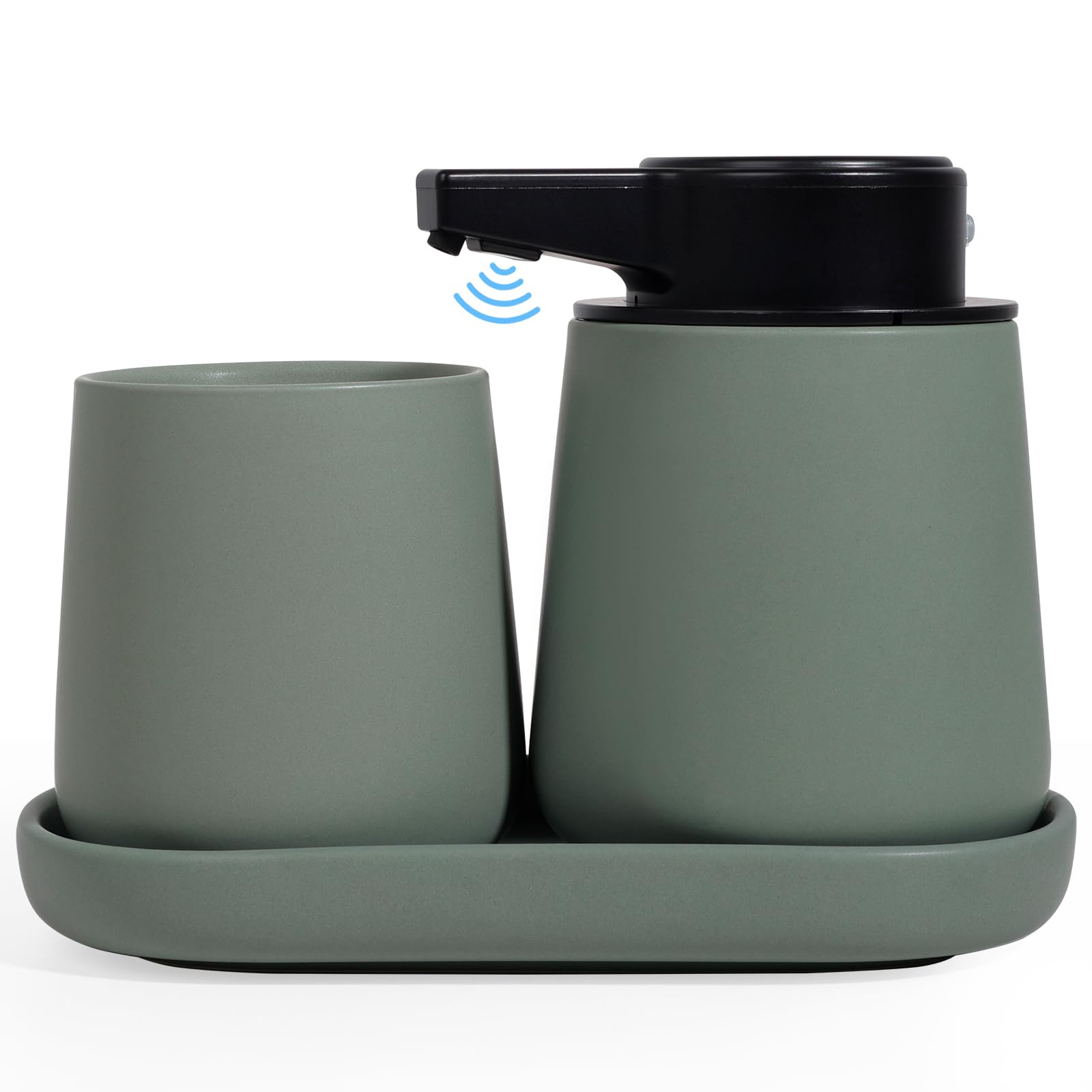 Juego de baño de 3 piezas, dispensador automático de jabón de 350 ml, recargable, vaso para cepillos de dientes de 280 ml y bandeja, moderno juego de baño minimalista verde, accesorios de
