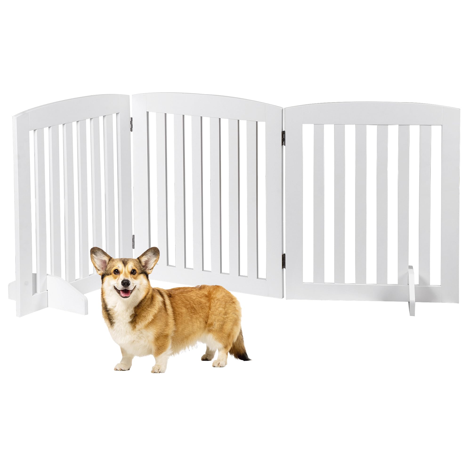 ZENY 24 Inch Pet Dog Gate, Foldable Freestanding Dog Door 3 Panel, White Wooden Z Shape Step Over Pet Fence for Entryway, Stairs, Doorway, White