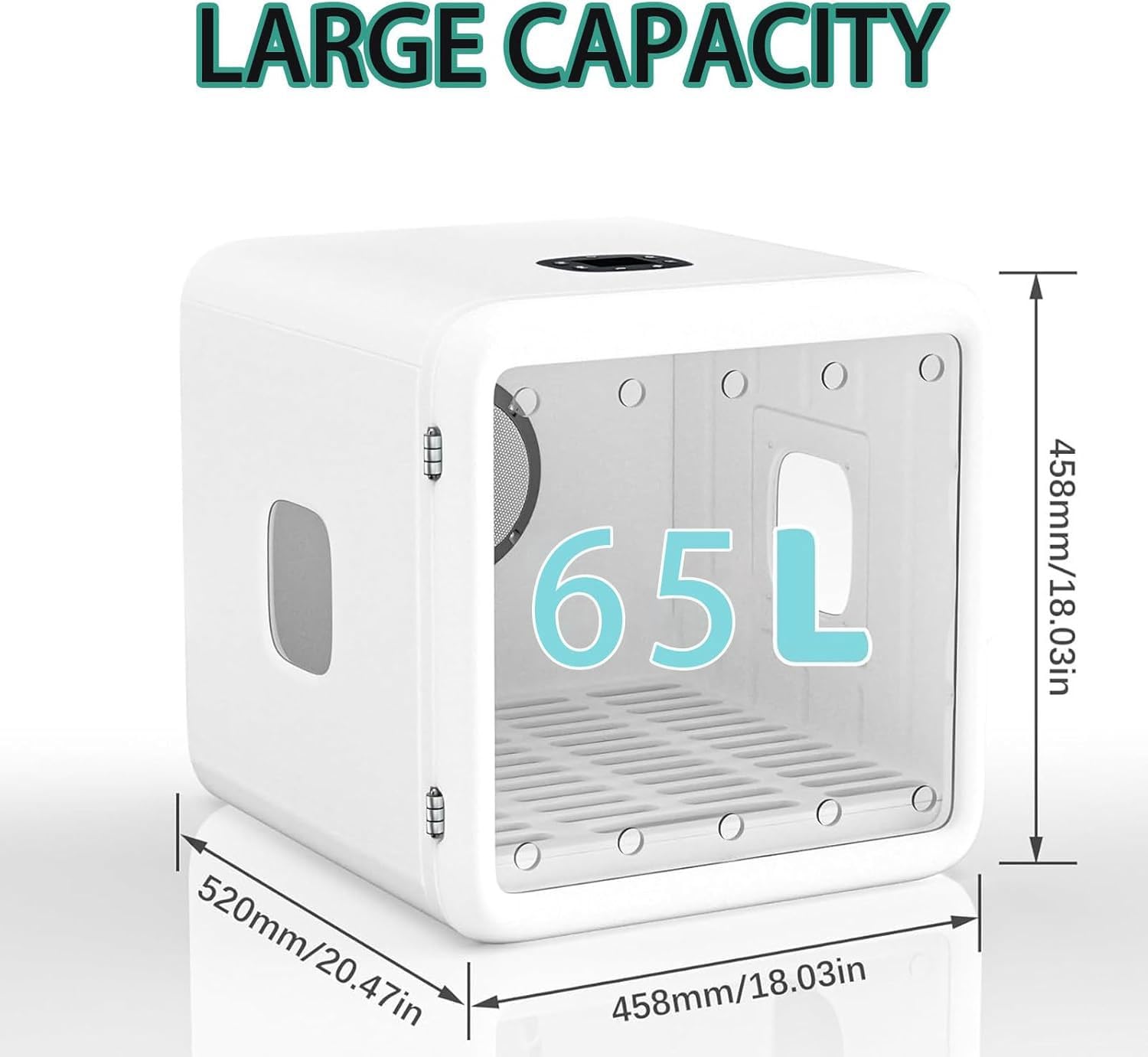 Secador automático para mascotas de 65 l, 1200 W, control inteligente de temperatura para gatos y perros, temporizador ajustable y viento de 4 velocidades, funcionamiento de bajo ruido