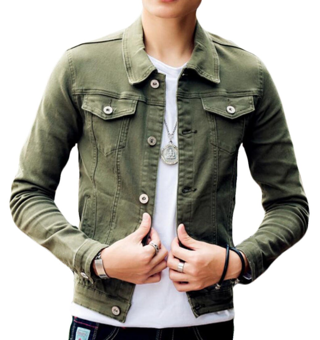 KLJR MenSlim Fit Denim Jacket Classic Button Down Trucker Jacket Army Green US XS