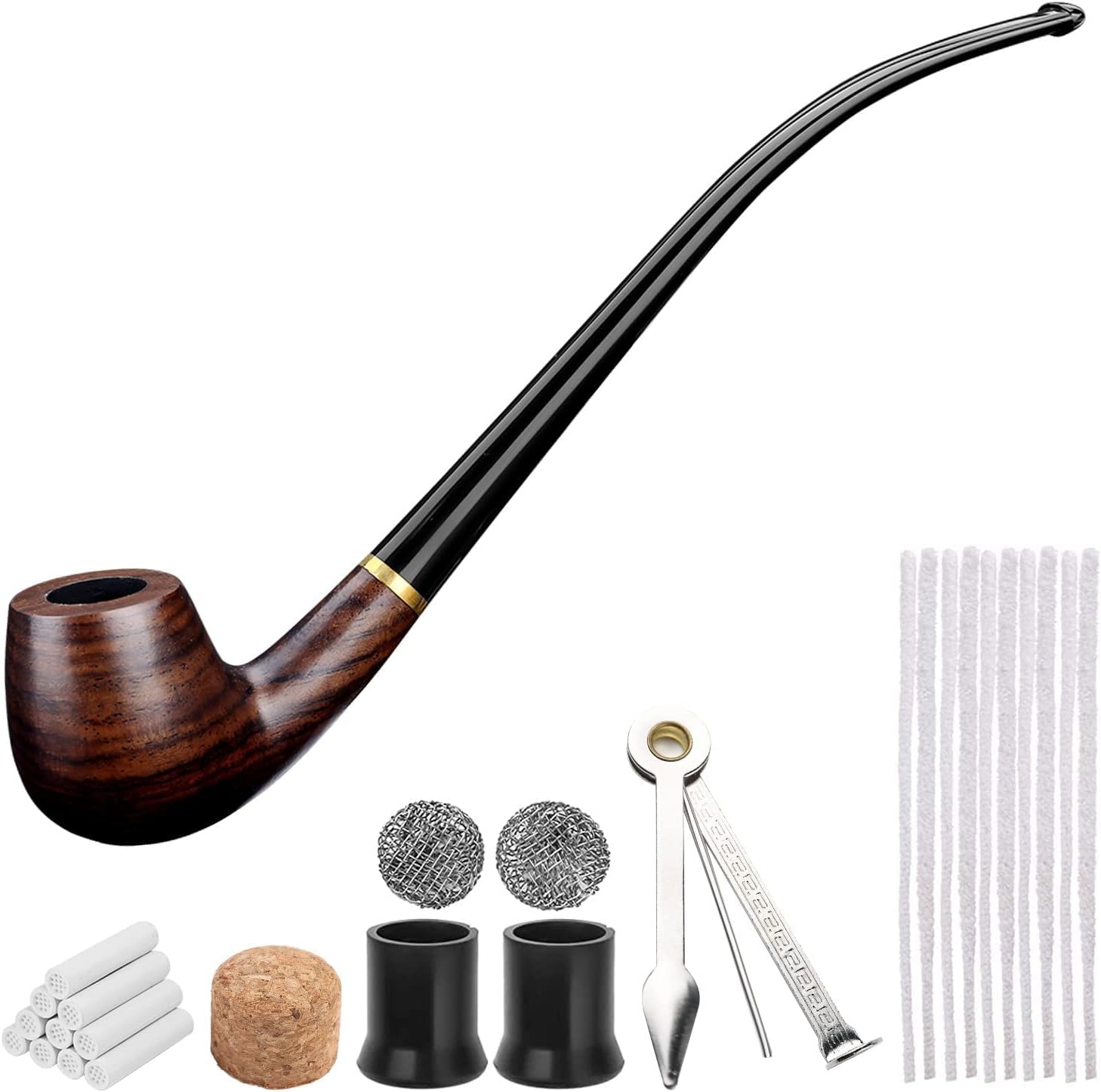 Joyoldelf Churchwarden Tobacco Pipe, Handmade Ebony Wood Smoking Pipe, Perfect Beginner Pipe Kit