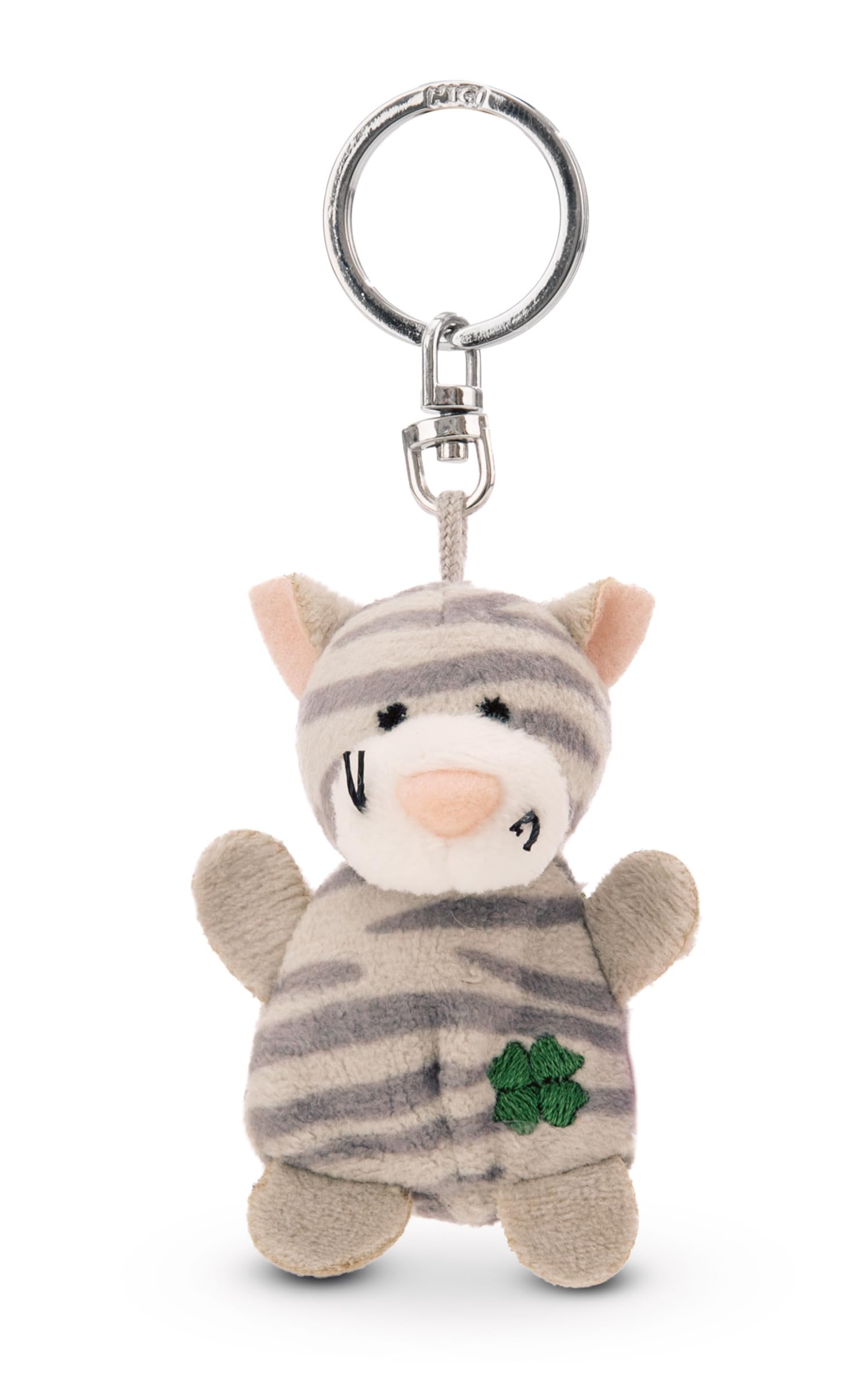 NICI Keyholder cat striped with cloverleaf 5cm - grey - A loyal companion for backpacks or bags, keychain for key rings & key holders for all ages | 62071