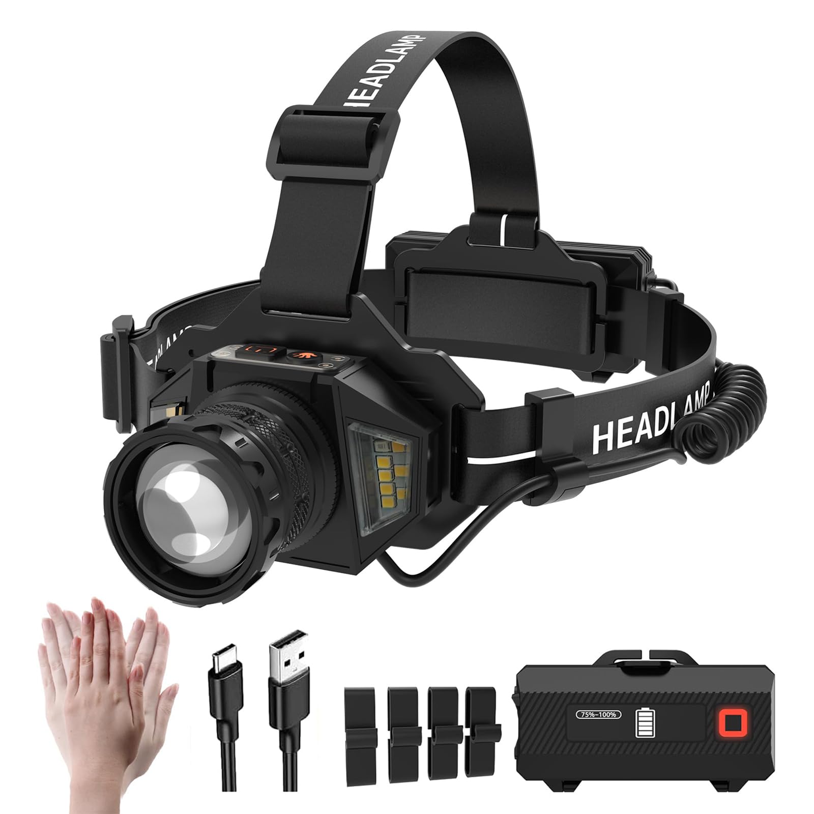 充電式ヘッドライト 3色光源 LEDヘッドライト ヘッドランプ電池式 15000…