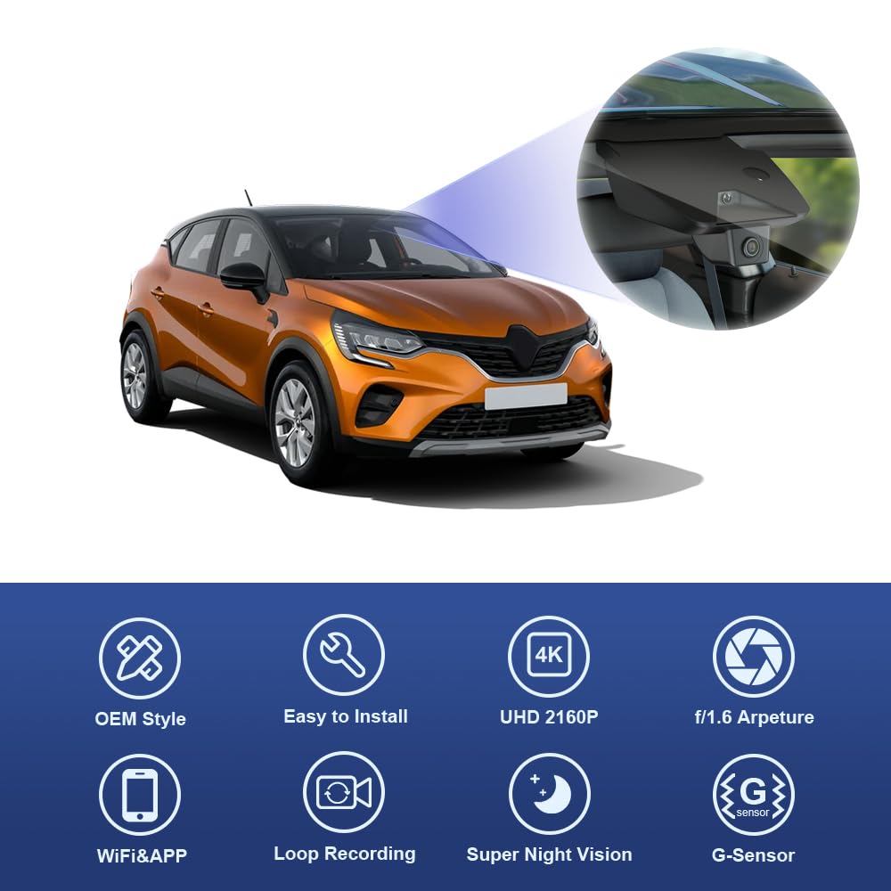 Fitcamx Dashcam 4K Compatible avec Renault Captur 2020 2021 2022 2023 2024 (HD2-D1270), OEM Camera Voiture, 2160P UHD Video WiFi, G-Capteur, Enregistrement en Boucle, WDR, Plug & Play, Carte 64Go