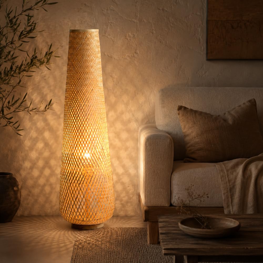 Wylolik Bamboo Floor Lamp, 37in Tall Tri-Color Woven Bamboo Standing Lamp