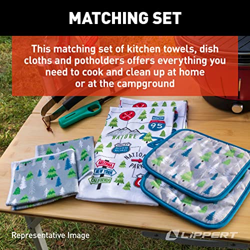 Image of Lippert Road Sign RV Kitchen Towel & Potholder Set, 6 Pieces, Unique Road Trip Design - Two Kitchen Towels, Two Dish Cloths and Two potholders Rated up to 400F - Machine Washable - 2022107828