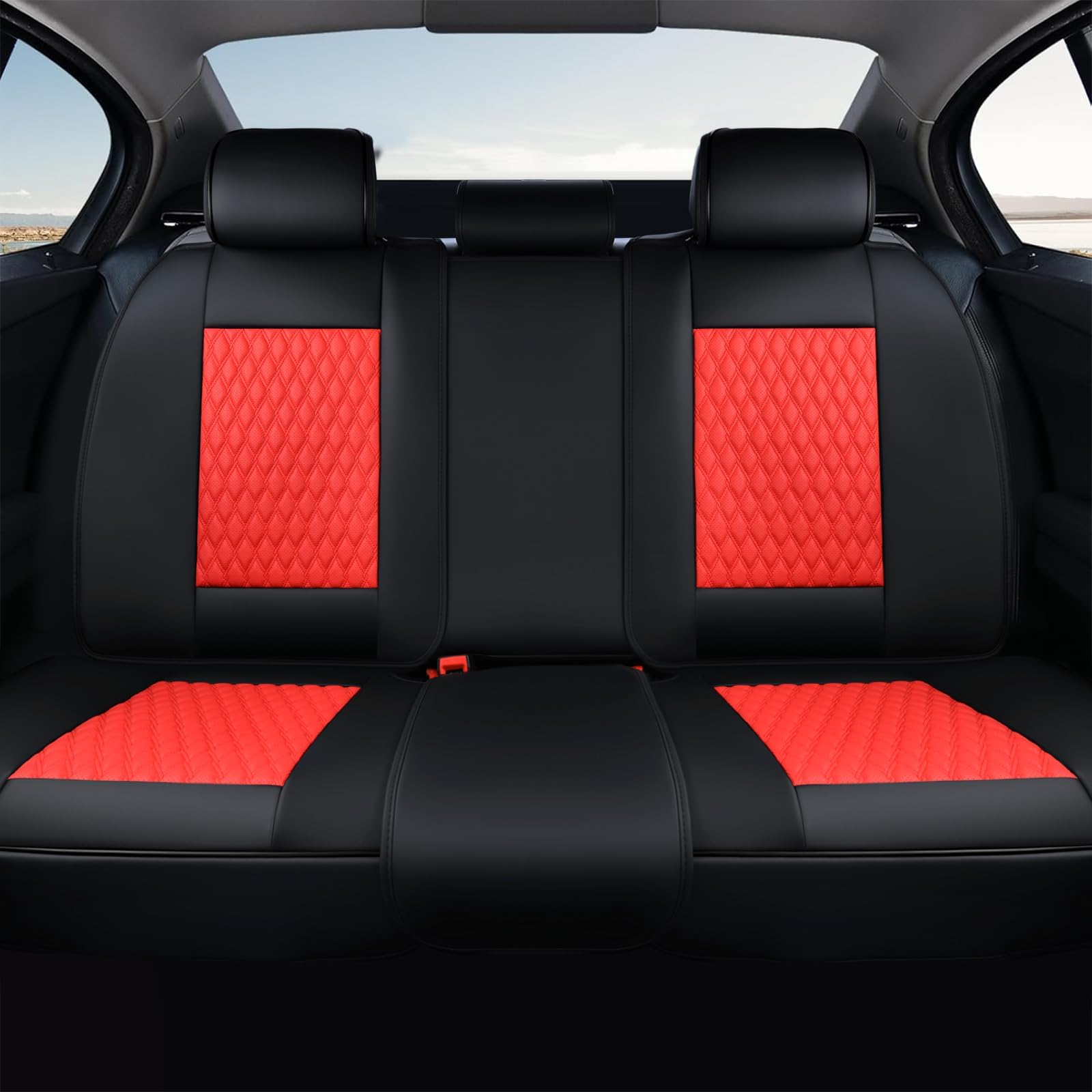 Coverado Leather Rear Seat Covers for Cars, Waterproof Back Seat Cover, Universal Automotive Seat Cushion Protector for Most Cars Trucks SUV (Black & Red Line)