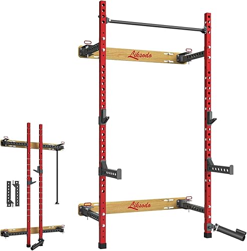 2" x 2" Folding Wall Mounted Squat Rack, 1100 Pounds Capacity Power Rack with Pull Up Bar, J Hooks and Other Attachments, Space-Saving Home Gym