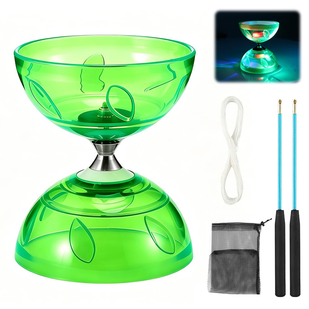 Diabolo mit Kugellager, Led Diabolo Kugellager mit Professionellem Stick, Transparent Weichgummi DIABOLO Leuchtend, Jonglierspielzeug für Erwachsene, Profispieler und Anfänger (Grün)