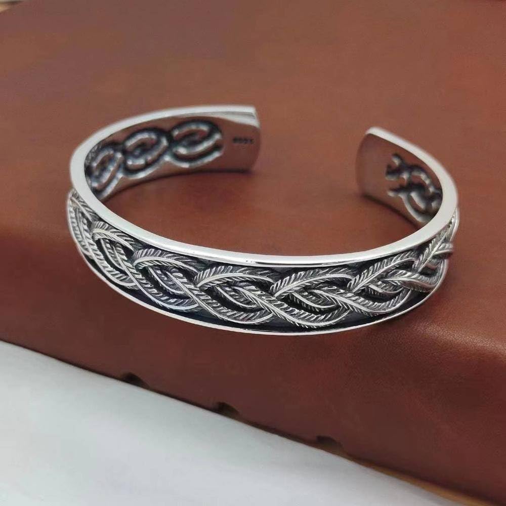 Armreif S925 Sterling Silber Männer und Frauen Paare Personalisierte Retro Flow Feder Offenes Armband Mode Menschen mit gewundenem Muster
