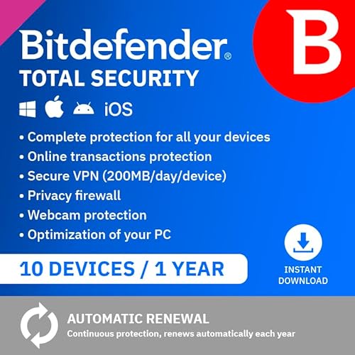 Bitdefender Total Security| 10 Devices | 1 Year | PC/Mac/iOS/Android | Activation Code by Email | Automatic Renewal