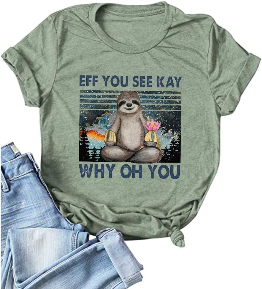 Retro Vintage Eff You See Kay Sloth Why Oh U T-Shirt Letter Print Graphic Casual Loose Tee Tops