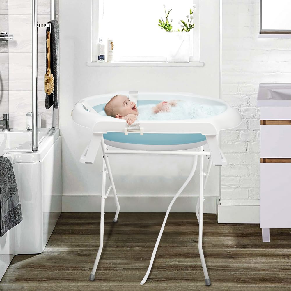 Bañera plegable para bebé con soporte, ergonómica con cojín, diseño blanco y rosa, drenaje integrado (verde)