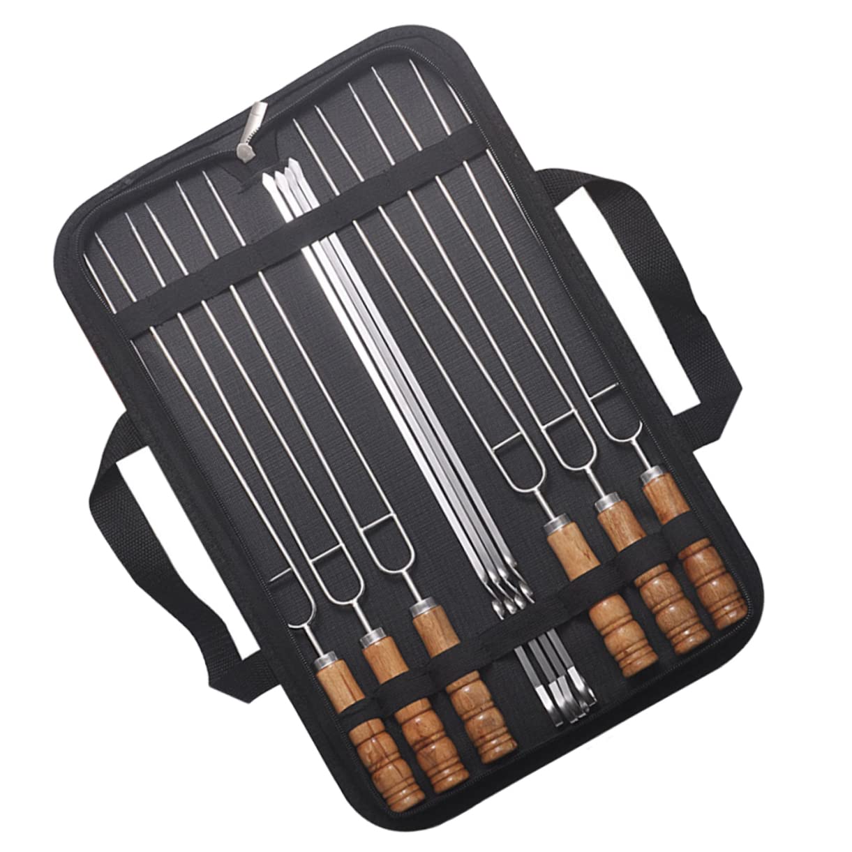 Spiedini Barbecue 10 Pezzi in Acciaio Inossidabile con Manico Nero | Impugnatura in Legno, Bordi Lisci e Struttura Robusta, Sacchetto Incluso, per Uso Outdoor e Quotidiano
