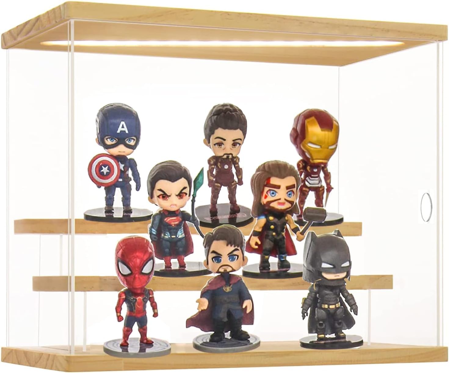 Vetrina Acrilico con Luce per Collezionismo, 3 Livelli Scatola Teca Plexiglass con Porta e Gradini, Antipolvere Vetrina Espositiva per Funko Pop, Modellini, Figurine, Rocce