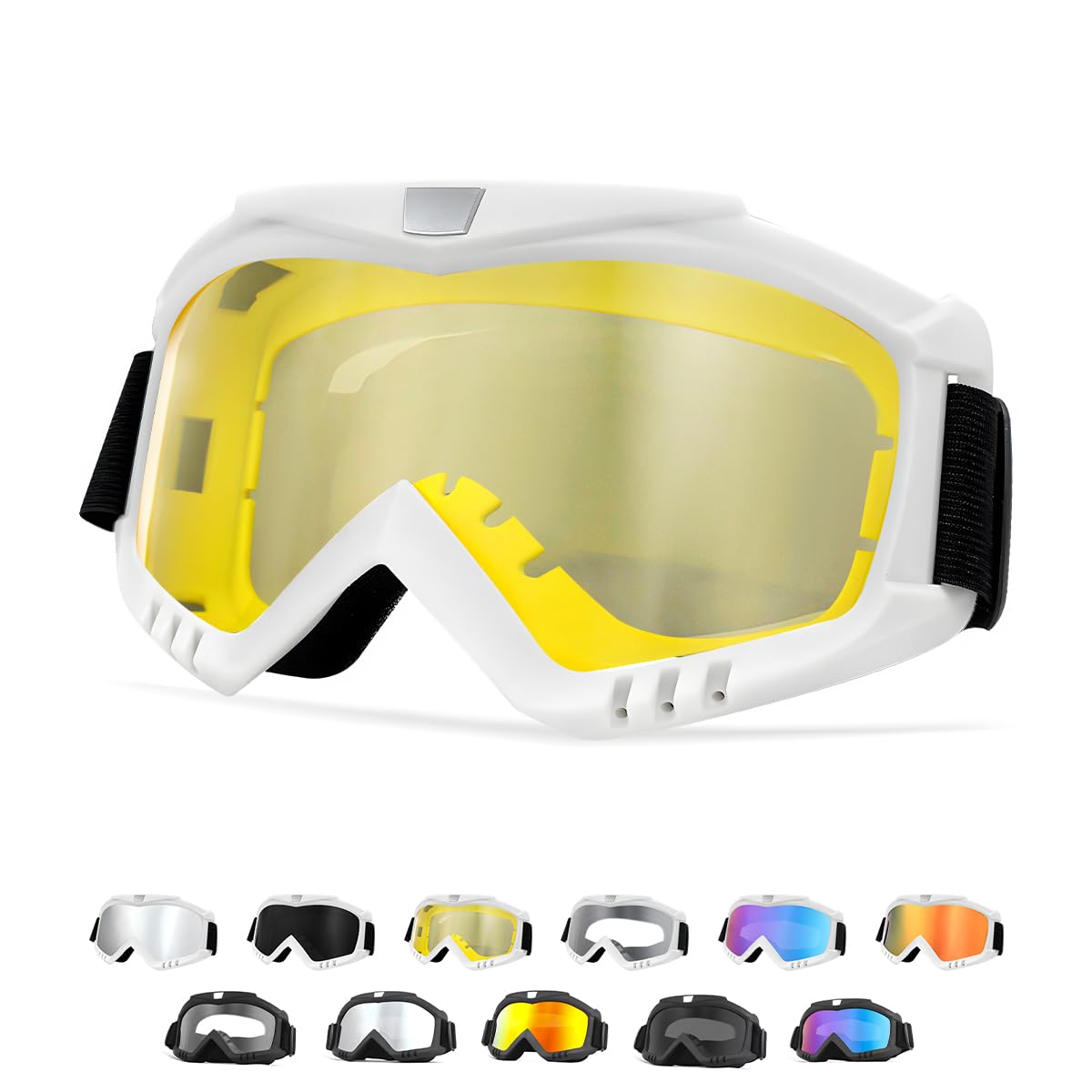 Yourkar Dirt Bike Goggle, UV Protection Windproof ATV Off-Road Goggles, Wide Vision Riding Motorcycle Goggle for Men Women (White+Yellow)