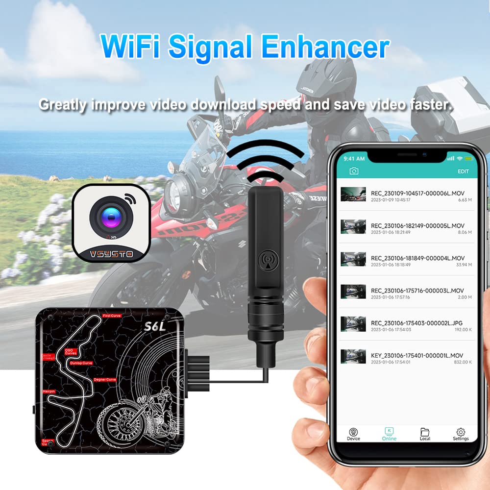 VSYSTO Dashcam motocicleta salpicadero cámara HD 1080p WiFi doble cámara delantera y trasera con GPS impermeable todo el cuerpo DVR descarga video a alta velocidad