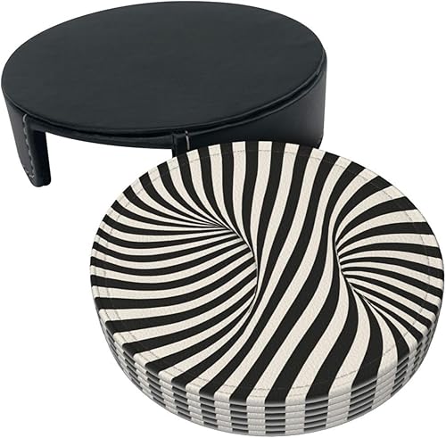 Miniatura 3 de Drink Coasters Set of 6, Optical Illusion Printed PU Leather Round Coaster with Holder for Outdoor, Office, Bar, Funny Heat-Resistant Home Desk Decor