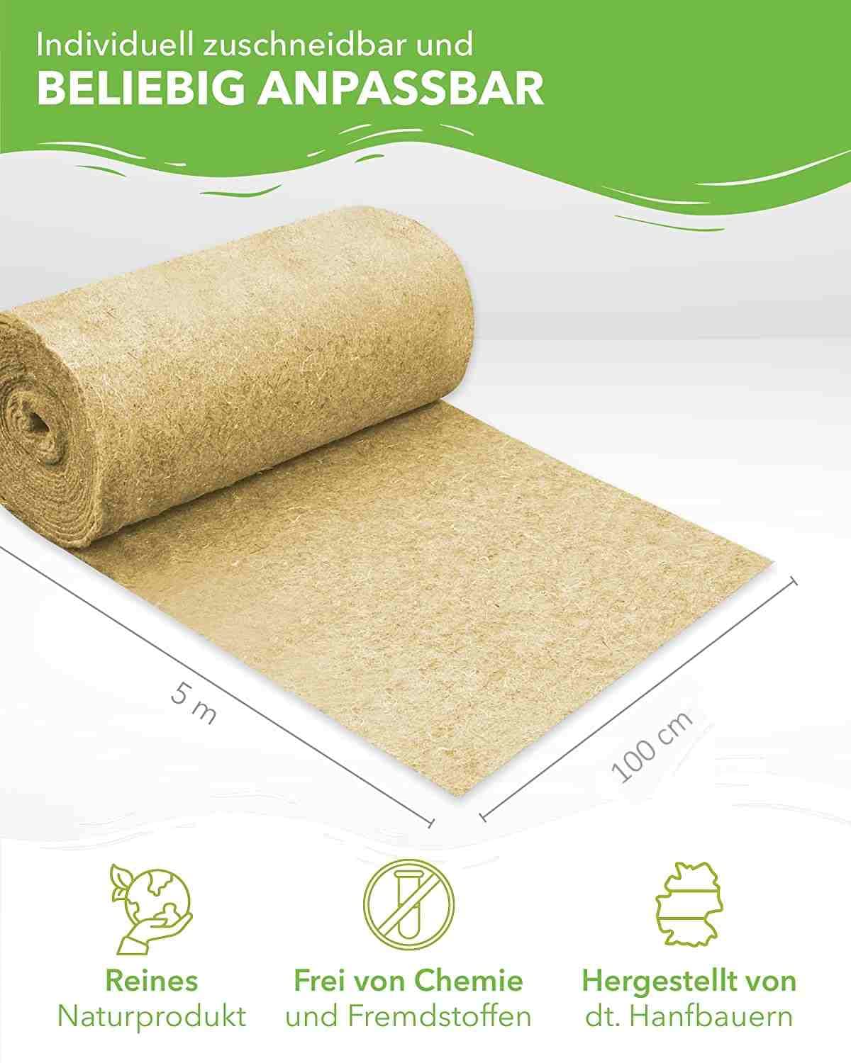 Tappeto per roditori in 100% canapa su rotolo da 5 m di lunghezza, 100 cm di larghezza, 10 mm di spessore, tappeto di canapa per tutti i tipi di piccoli animali, tappeto di canapa per roditori