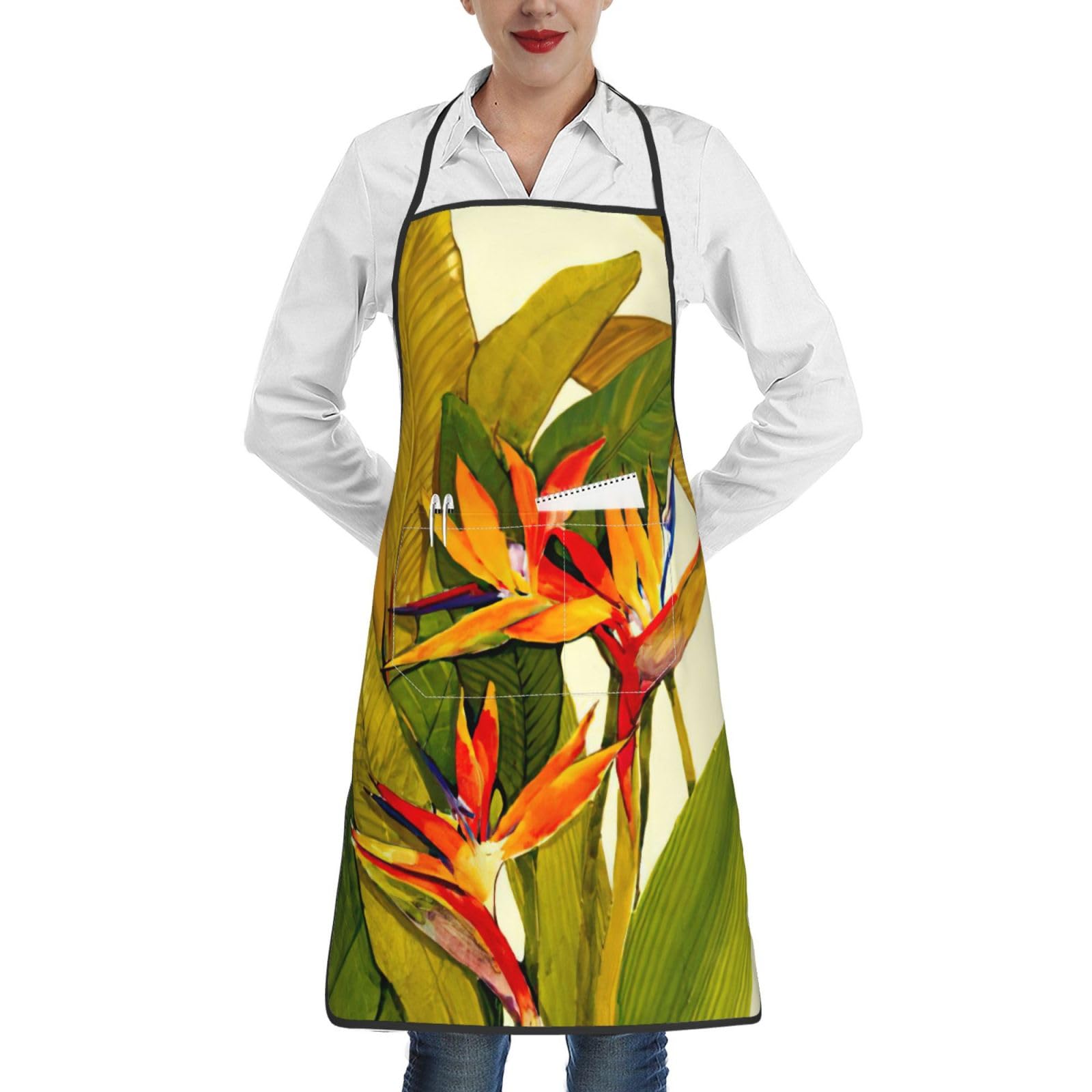 Yagdaa Unisex White Tropical Bird Of Paradise Print Aprons For Women Men Apron With Pockets Chef Apron Kitchen Bib For Cooking Bbq Baking