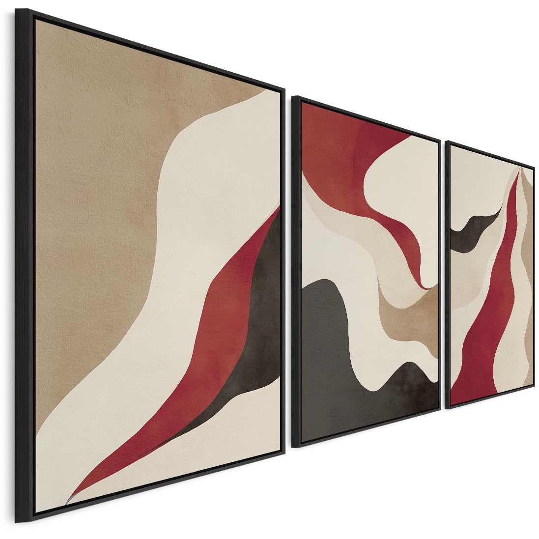 Wallfillers Red Cream Large Set Of 3 Red Abstract Framed Canvas Wall Art - Burgundy Cream Black - 2117 - Xl - 200Cm