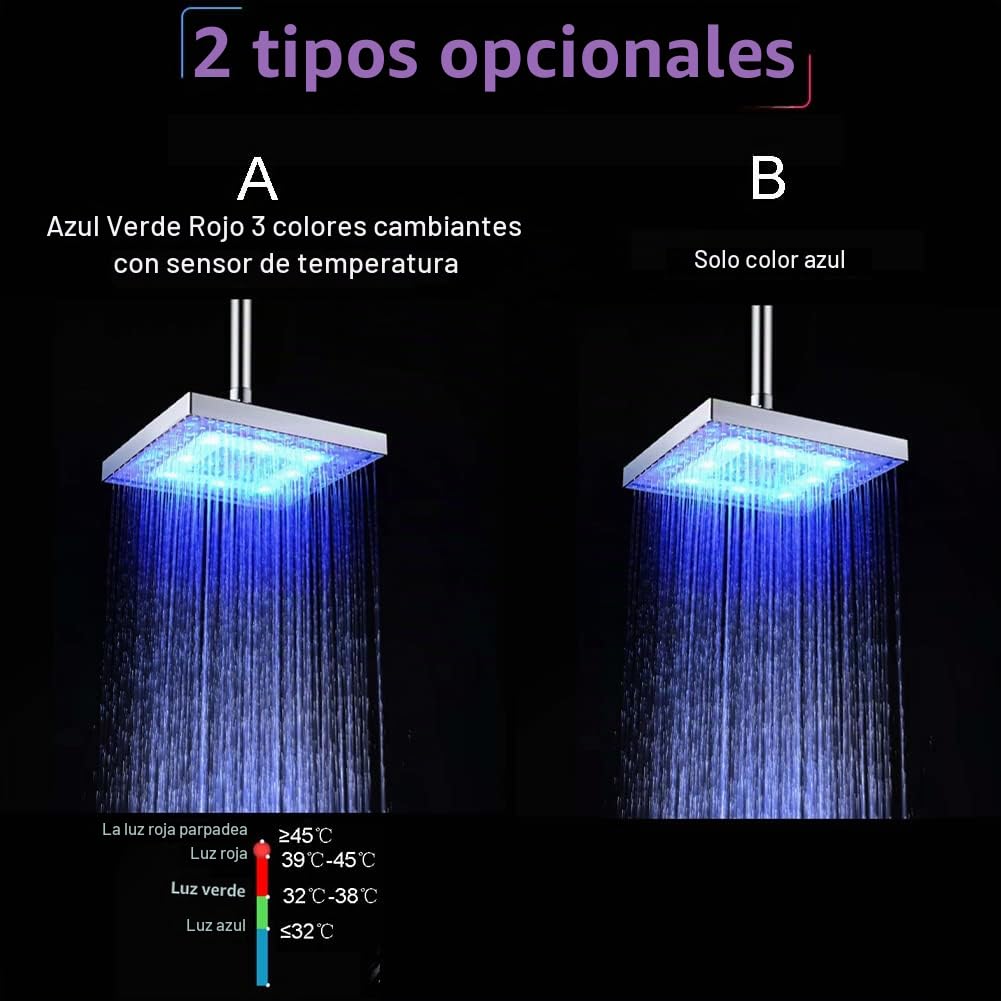 Chesoon Cabezal Ducha LED Que Ahorra Agua Ducha Lluvia Cuadrado ABS Cromado Fácil Instalar para el Baño (Azul)