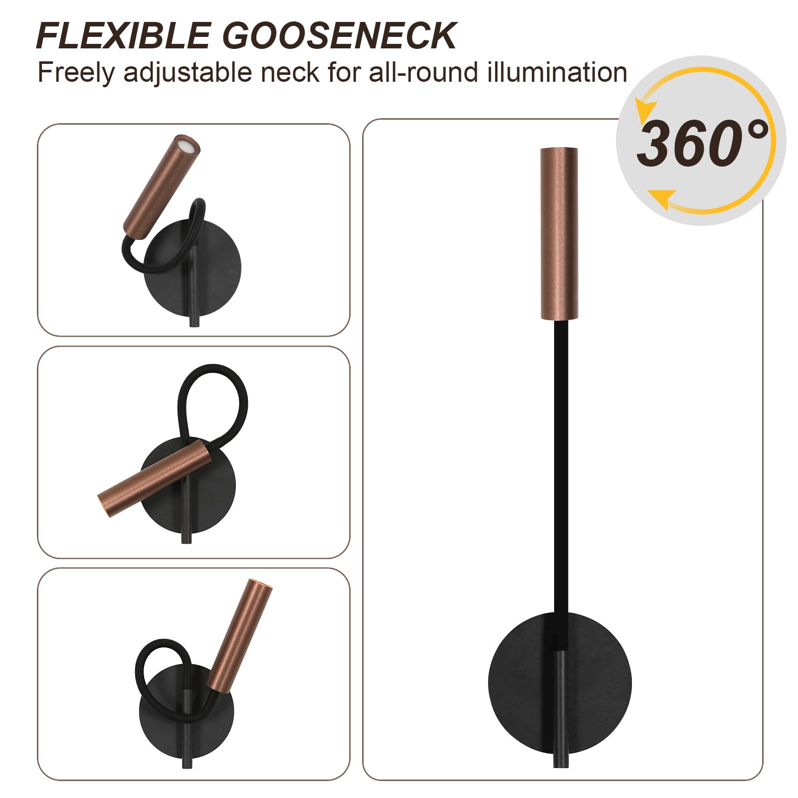 Osairous Applique da Parete 2 Pezzi, Lampada da Lettura con 360° Braccio Flessibile, Lampada da Comodino LED 3000K Bianca Calda in Alluminio per Camera da Letto, Soggiorno
