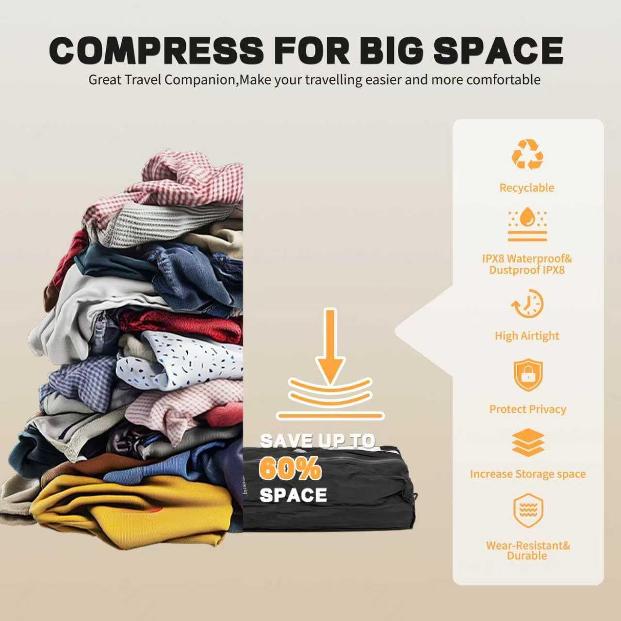 Reusable Vacuum Bags for Travel,Professional Waterproof IPX8 Vacuum Compression Bag for Suitcases Backpack,Space Saver Bags Packing Organizers for Clothing Packing(1 Pack,Black)