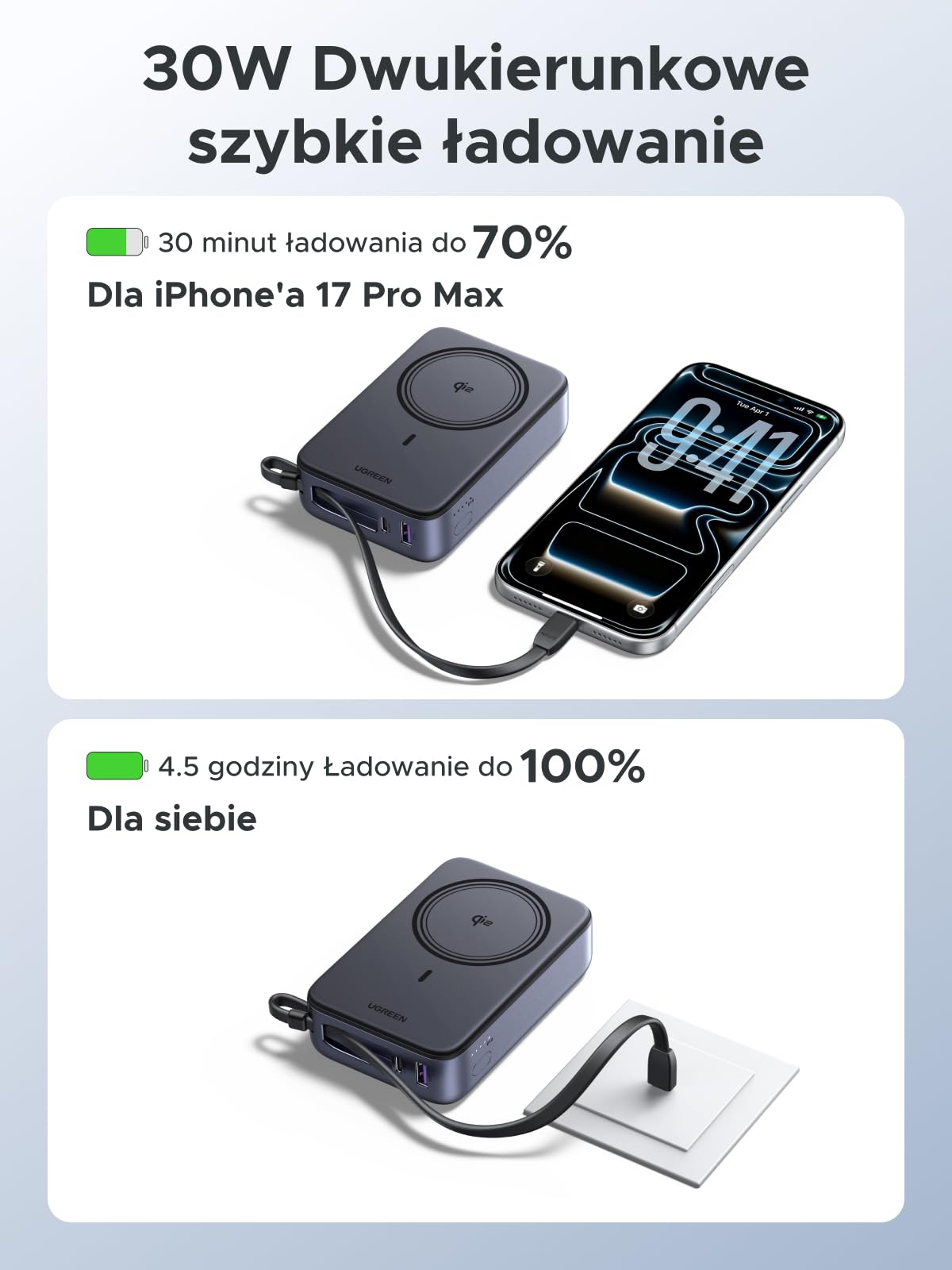 UGREEN Zapix 20000mAh Qi2 15W Magnetyczny Powerbank z USB-C 30W | Certyfikat Qi2, Zintegrowany Kabel, iPhone 17–12, Przyjazny dla skóry, Idealny do podróży i dojazdów do pracy