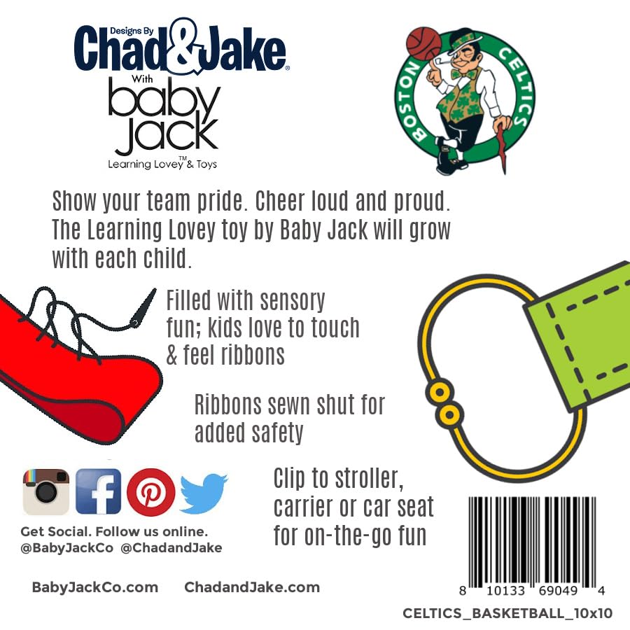 Image of The Learning Lovey Boston Celtics Baby Tag Toy, NBA Basketball Sensory Crinkle Toys, Soft & Safe, Ideal Stroller, BPA-Free with Clip, 10 inch x 10 inch