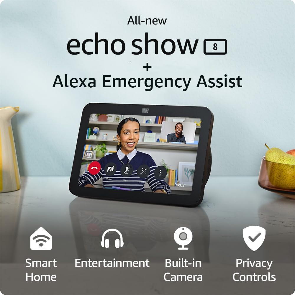 Echo Show 8 (newest model), Charcoal, bundle with Alexa Emergency Assist (annual auto-renewal subscription)