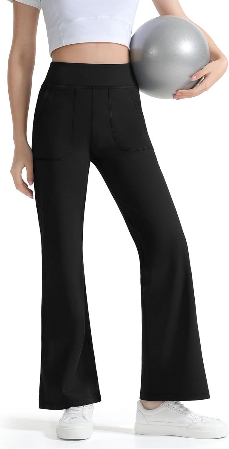 JOCMIC Girls Fleece Lined Flare Leggings High Waist Bell Bottoms Yoga Pants for Kids Girls Athletic Leggings with Pockets - Image 2