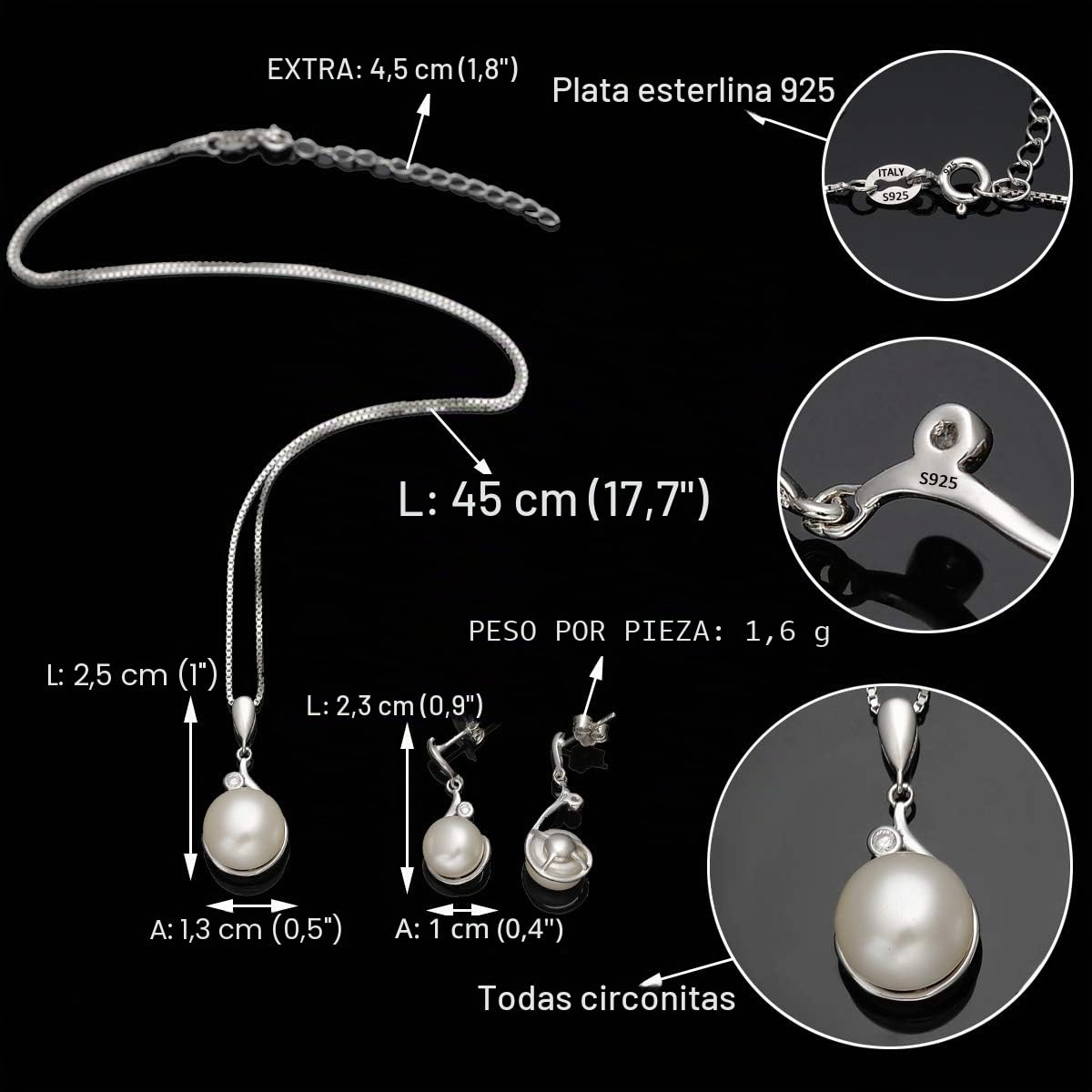 Conjunto de colgante y pendientes de plata de ley 925 CZ AAA con perlas cultivadas en agua dulce, de la marca Ever Faith