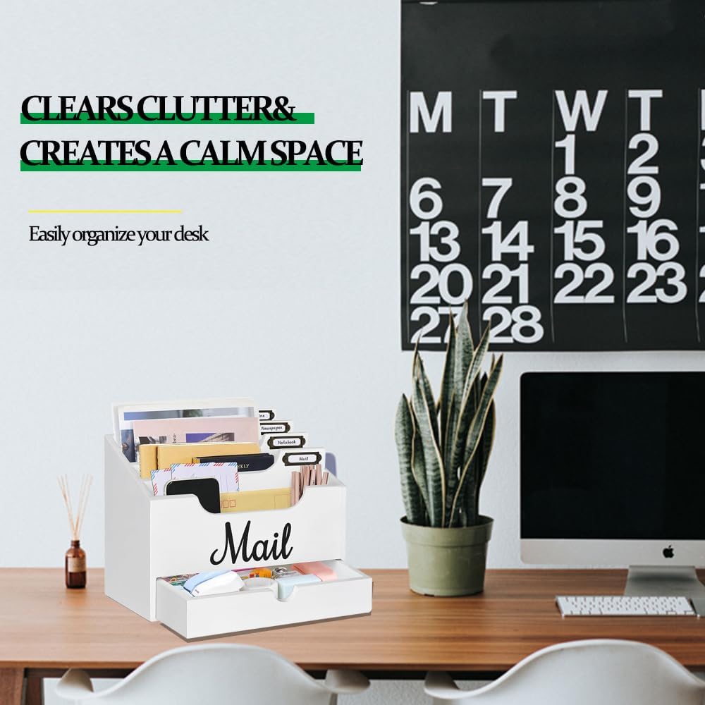 Wood Desktop Mail Organizer, Mail Organizer Countertop with 4 Compartments and Drawer, Wood Mail Holder Sorter Organizer Holder for File Letter Paper Folder, White Wooden Desk Organizer