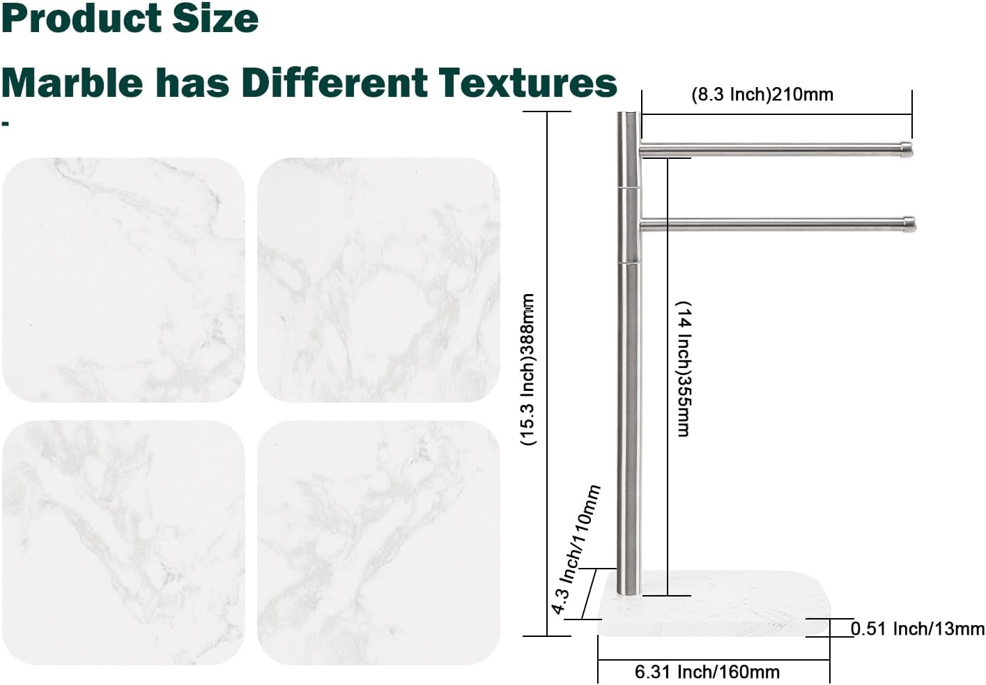 Hand Towel Holder, F-Shape Hand Towel Stand with Marble Base, Stainless Steel Swivel Hand Towel Rack Standing Towel Bar for Bathroom Kitchen Countertop, 2 Arms (Brushed Nickel) 2 Arms Brushed Nickel