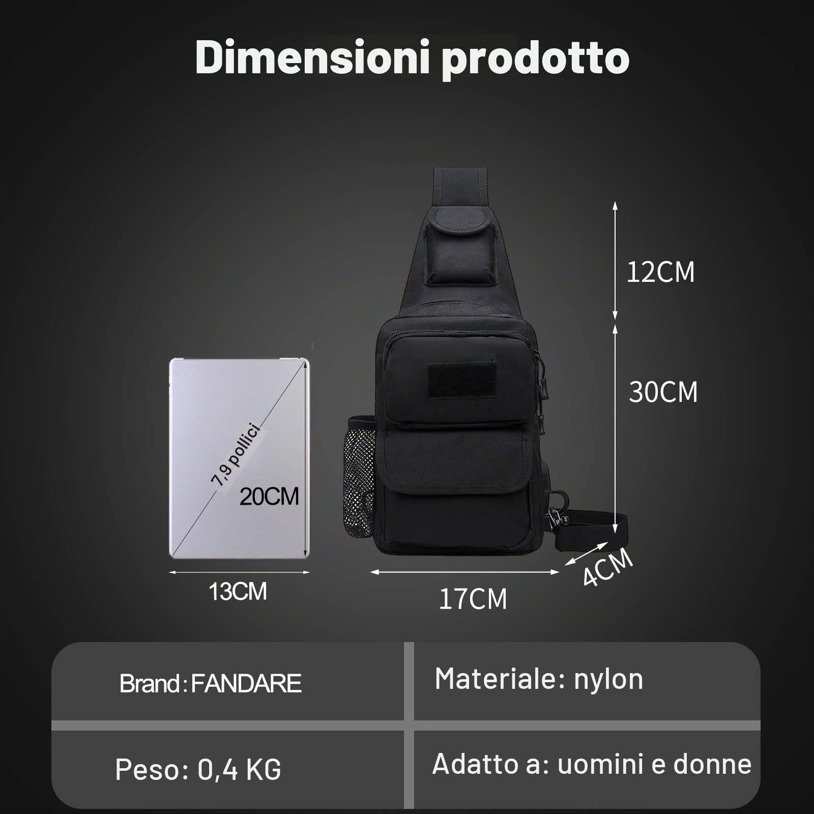FANDARE Militare Zaino Monospalla da Uomo Tattico Borsello Uomo Donna Borsa a Spalla con USB Zaino da escursionismo per lavoro Ciclismo Viaggio Sports Borse piccole a tracolla Nero