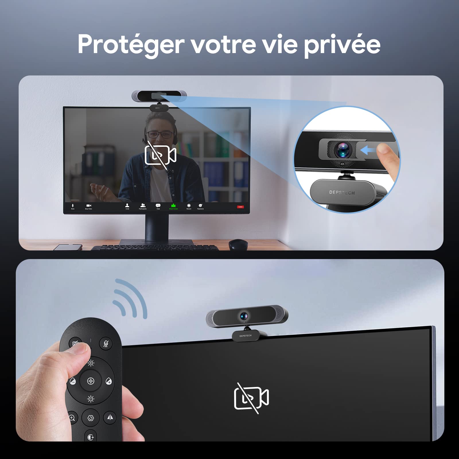 DEPSTECH Webcam 4K, Webcam PC Ultra HD avec Capteur 1/2.55", Double Micro Antibruit, Zoom Numérique 3X, Télécommande, Camera Streaming 8MP Autofocus pour PC Portable Mac, Appel vidéo, Zoom, Skype