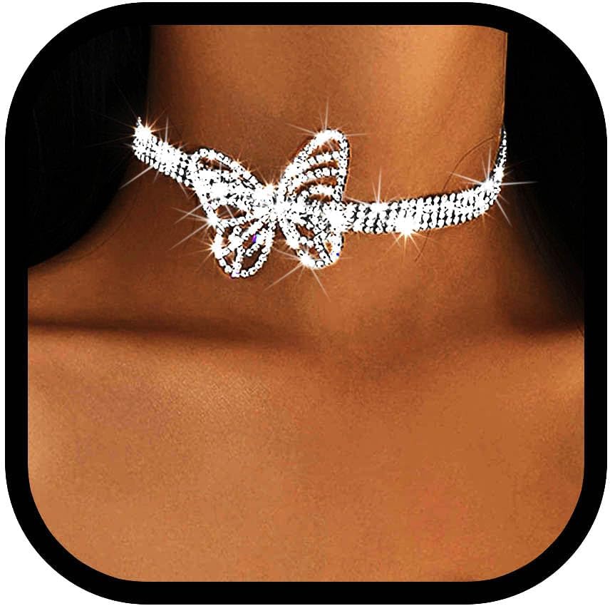 JAKAWIN Butterfly Rhinestone Choker Necklace Silver Diamond Choker Jewelry for Women